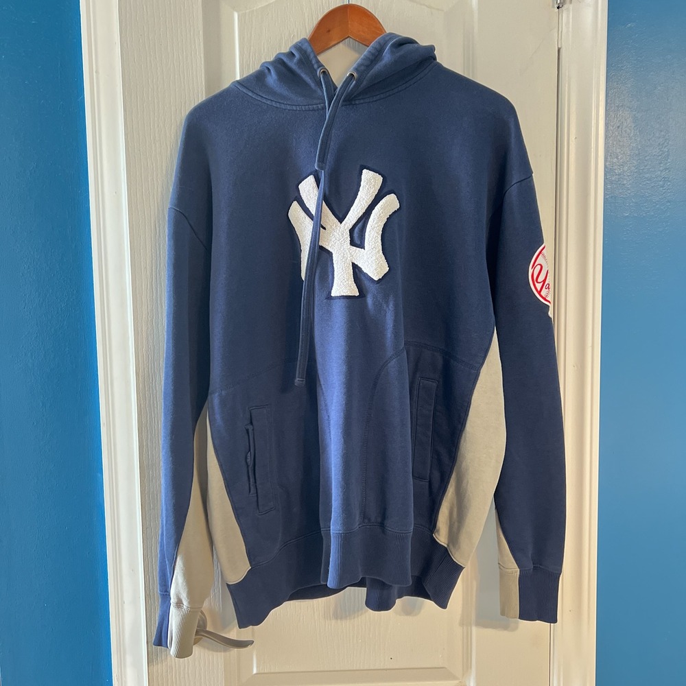 Majestic New York Yankees Hoodie Navy Blue Gray Chenille Logo Mens XL MLB